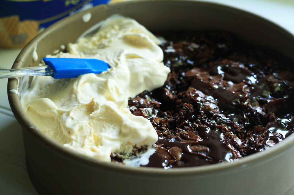 spreading first layer of ice cream