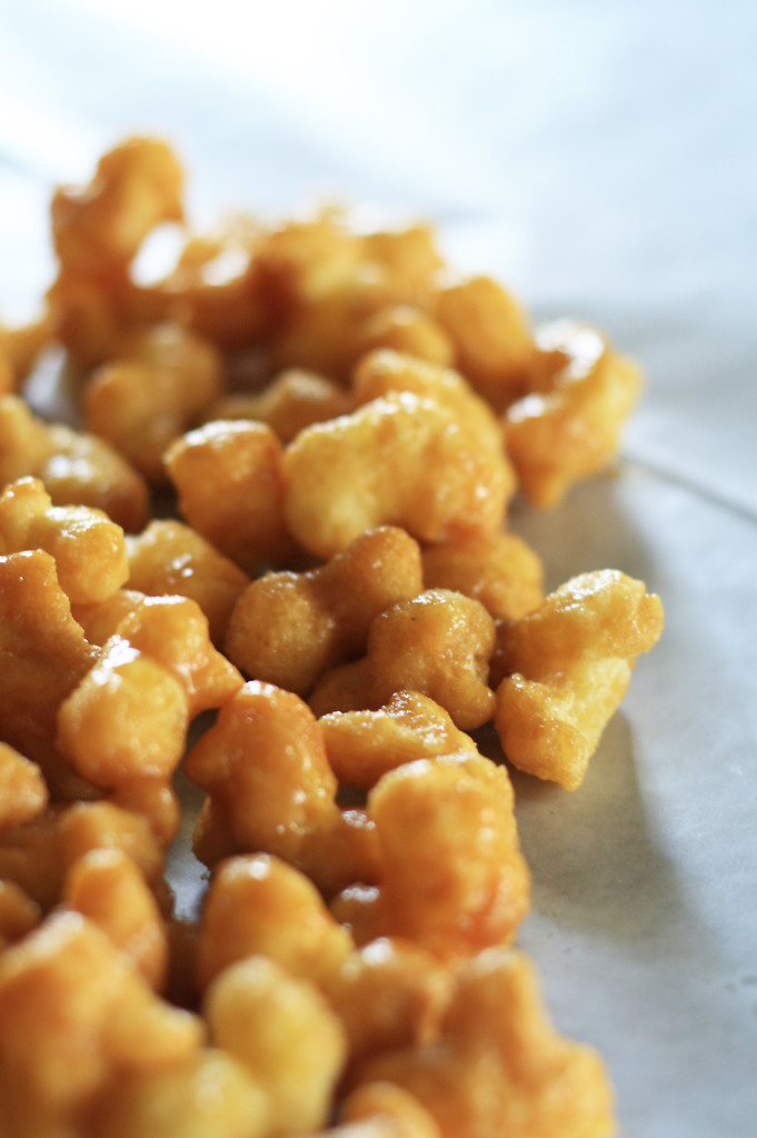 puffed caramel corn on waxed paper